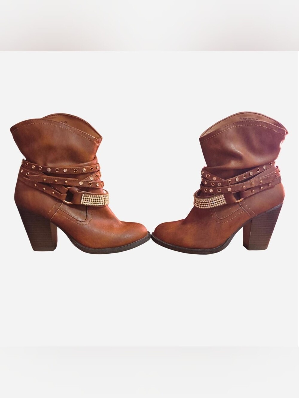 Women's Brown Leather Studded Ankle Boots with Decorative Straps